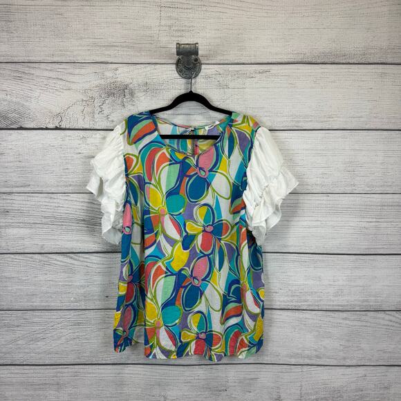 GeeGee Plus Size Colorful Floral Lightweight Puff Ruffle Sleeve Blouse Size 3X - Picture 1 of 8